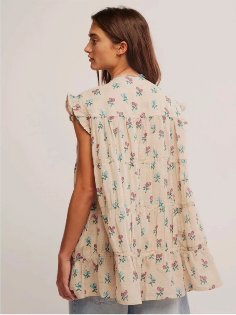 Free People Bohemian Prairie Sundown Mini Dress Tunic Floral Ivory Combo Large